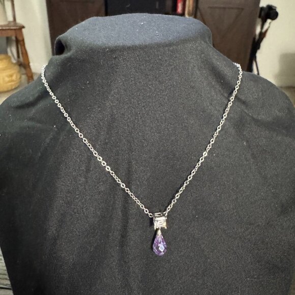 Laila Rowe Silver Tone Necklace W/Purple Teardrop & Clear Crystal Pendant 14" - Picture 9 of 10